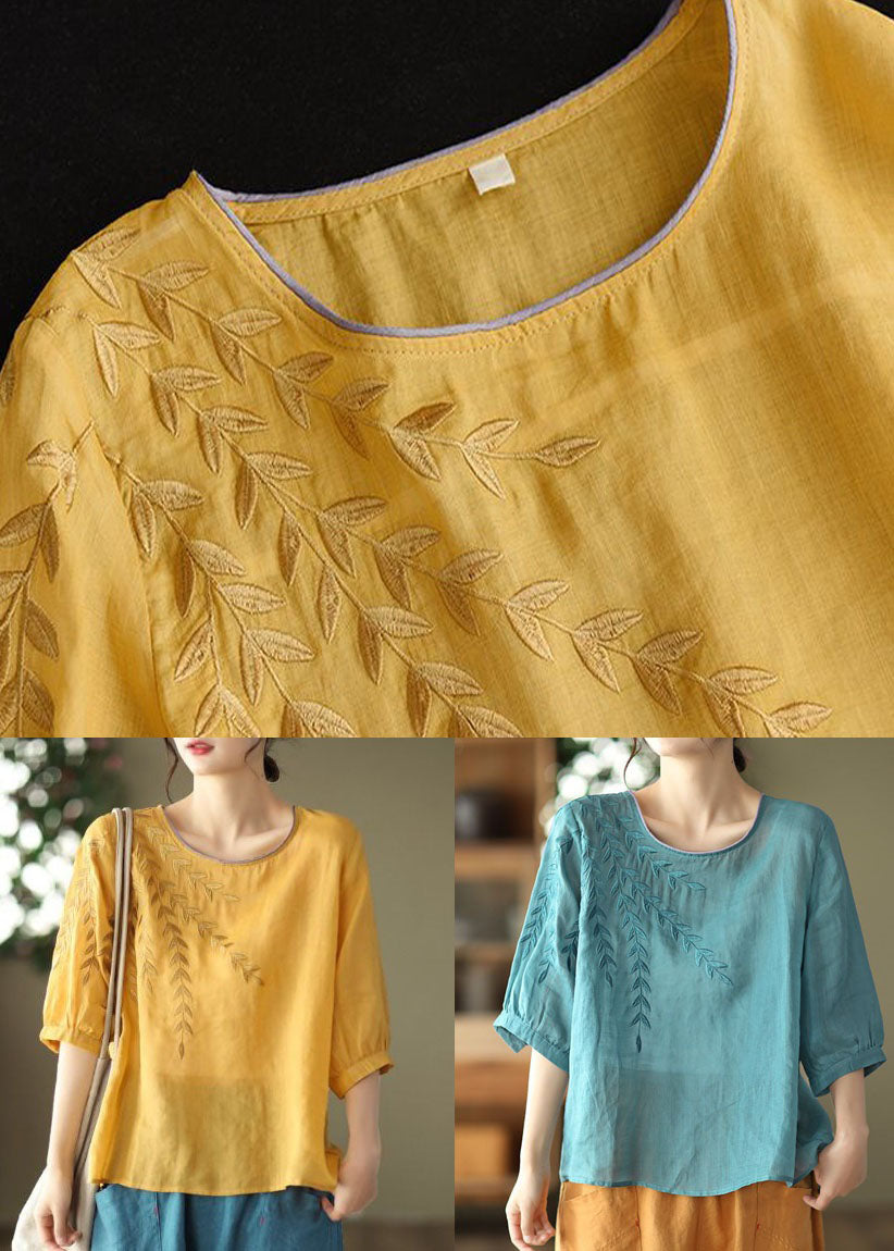 Yellow Patchwork Cotton Top O Neck Embroideried Summer