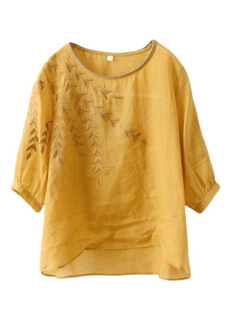 Yellow Patchwork Cotton Top O Neck Embroideried Summer