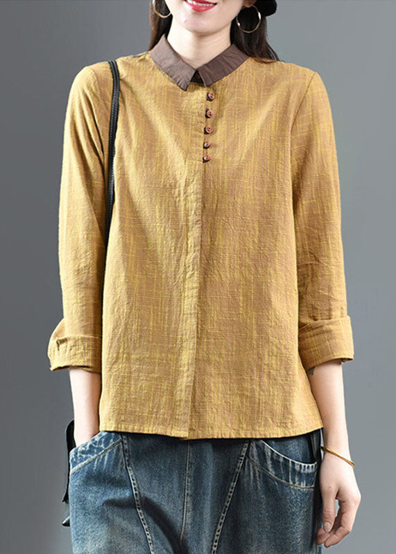 Yellow Patchwork Cotton Top Peter Pan Collar Button Spring