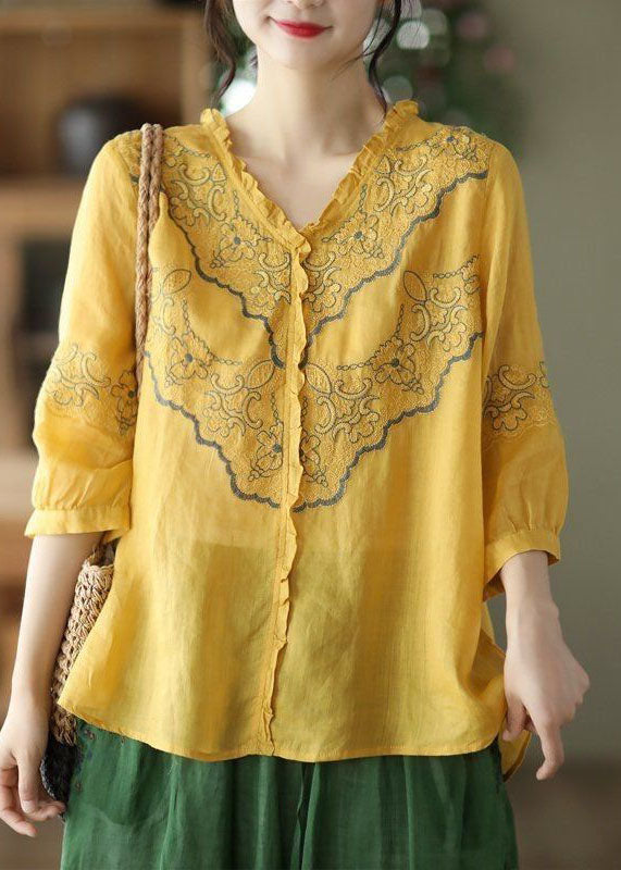 Yellow Patchwork Linen Top Ruffled V Neck Summer