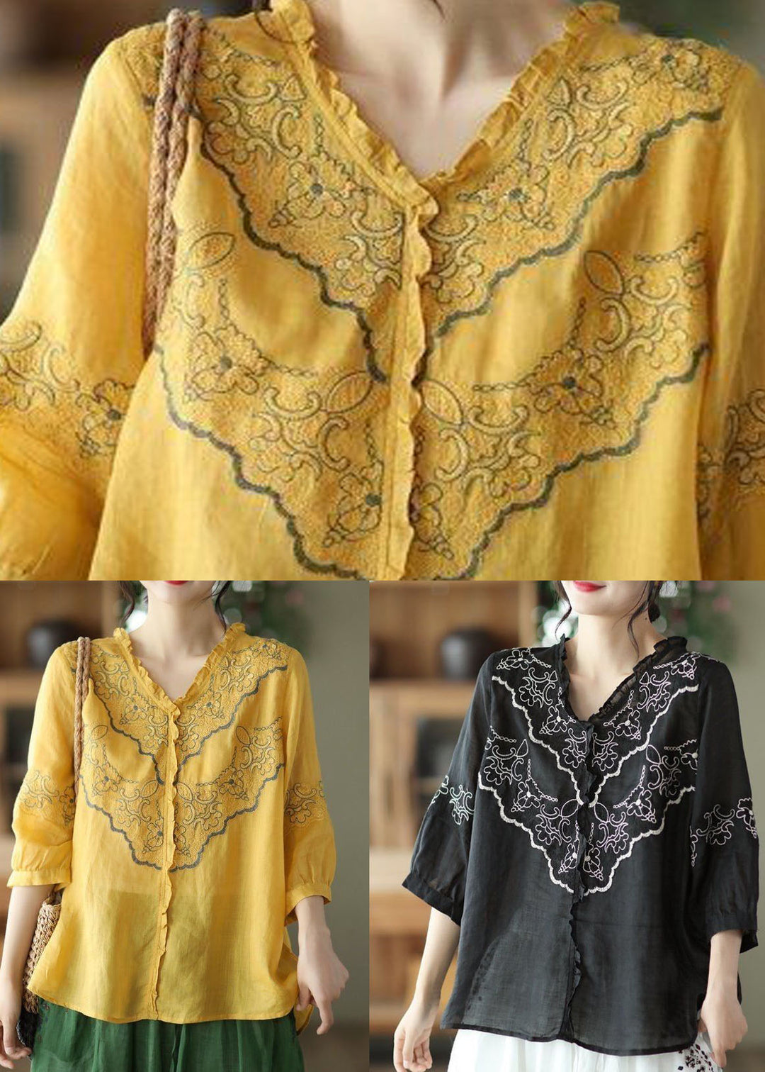 Yellow Patchwork Linen Top Ruffled V Neck Summer