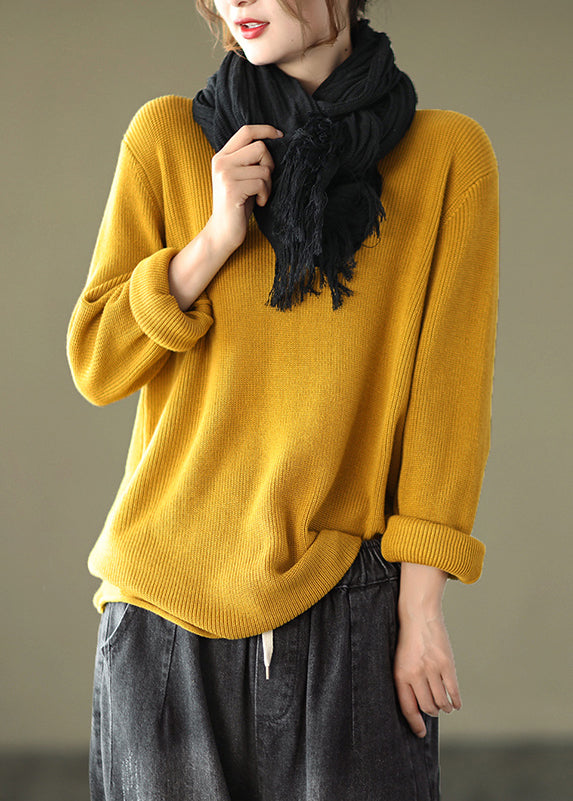 Yellow Patchwork Loose Knitting Tops Cotton V Neck Fall