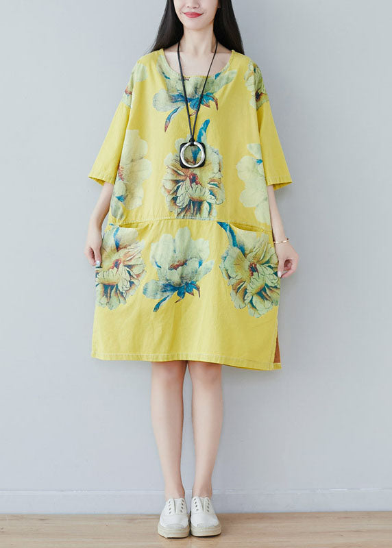 Yellow Patchwork Print Cotton Dress Half Sleeve