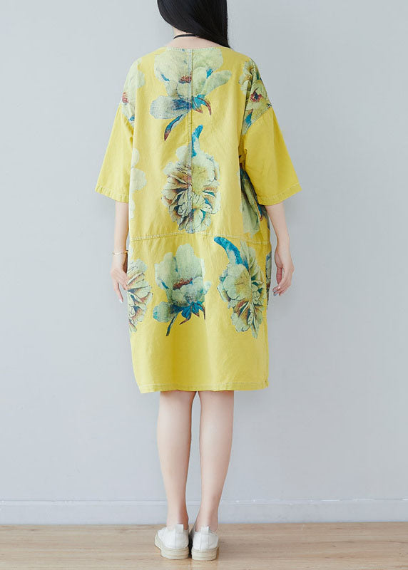 Yellow Patchwork Print Cotton Dress Half Sleeve