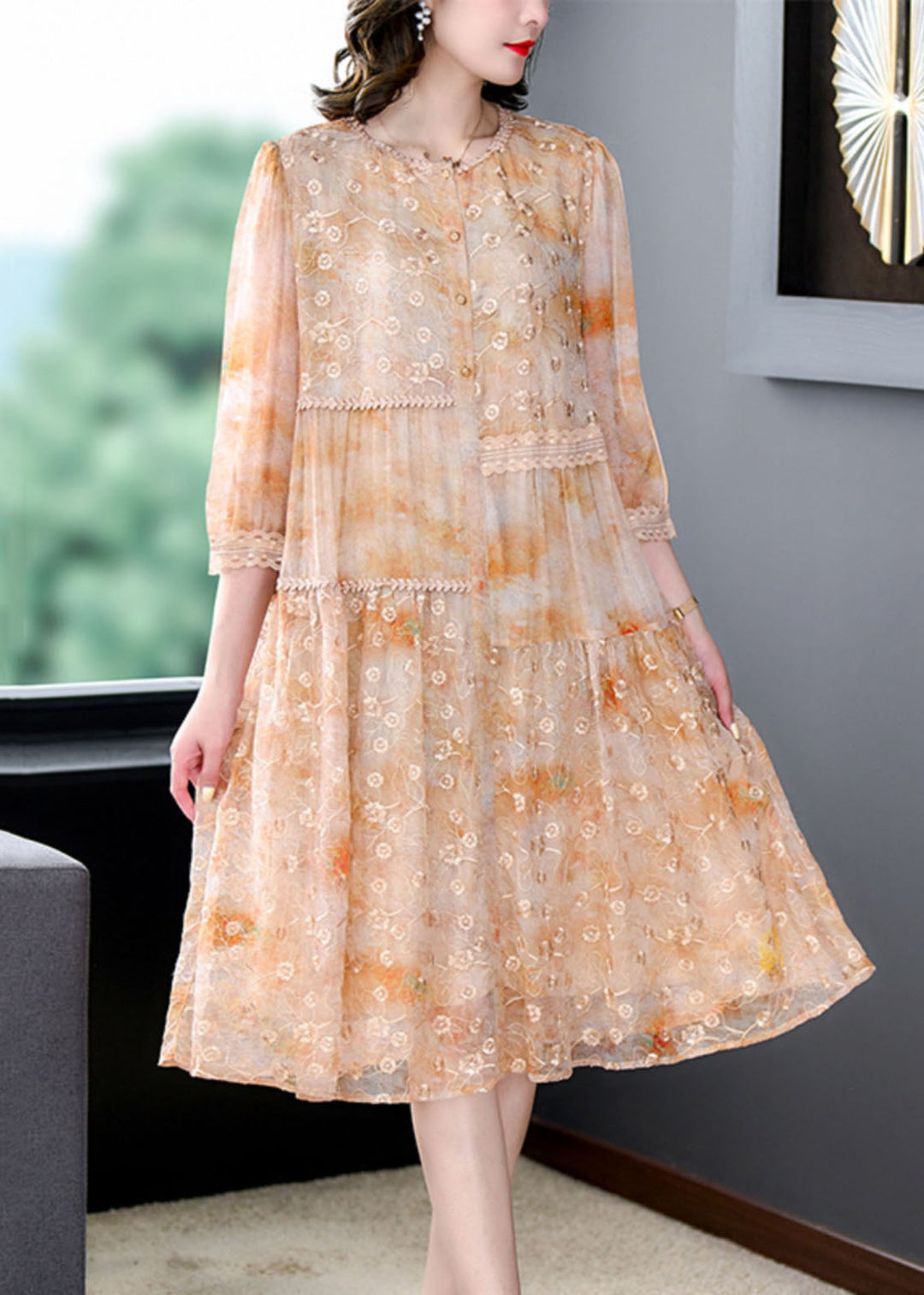 Yellow Patchwork Silk Dress Embroideried Wrinkled Summer