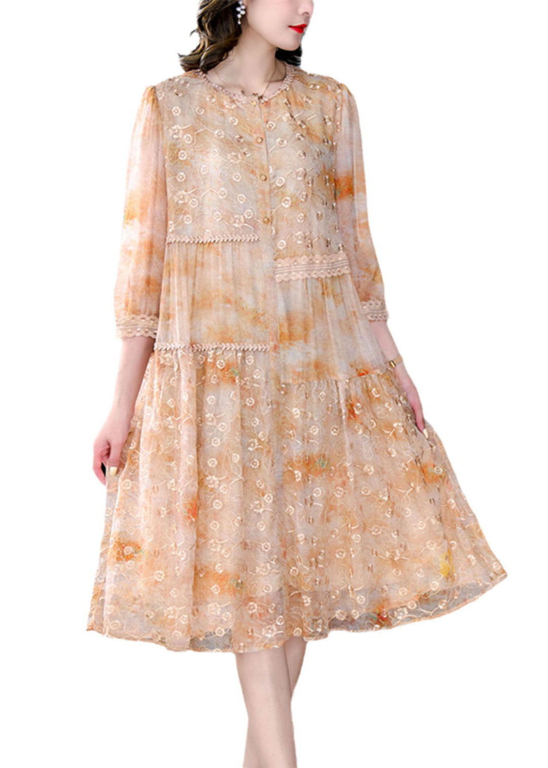 Yellow Patchwork Silk Dress Embroideried Wrinkled Summer