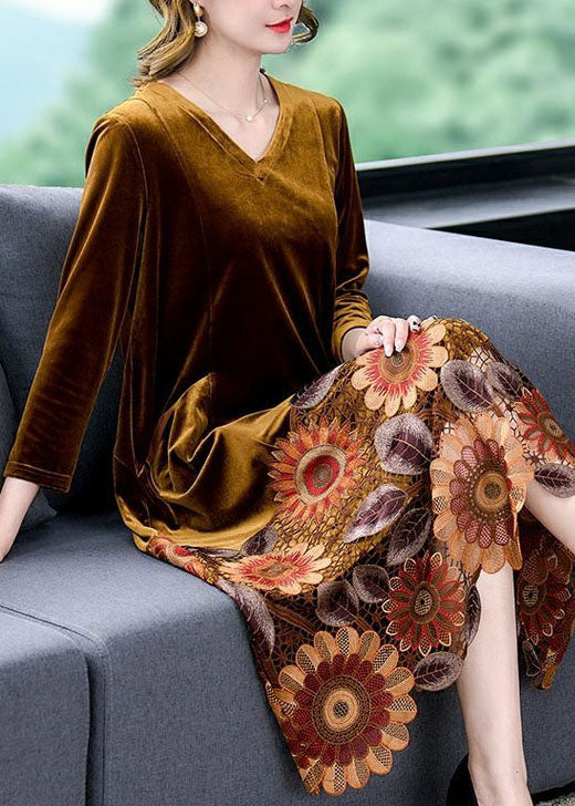 Yellow Patchwork Silk Velour Maxi Dresses Embroideried V Neck Spring