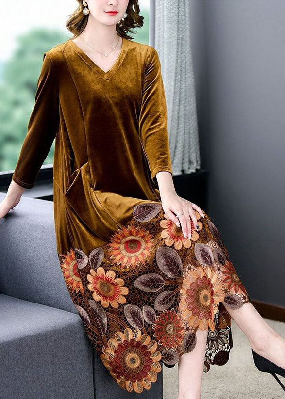 Yellow Patchwork Silk Velour Maxi Dresses Embroideried V Neck Spring