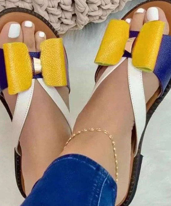 Yellow Peep Toe Faux Leather Vintage Splicing Bow Slide Sandals