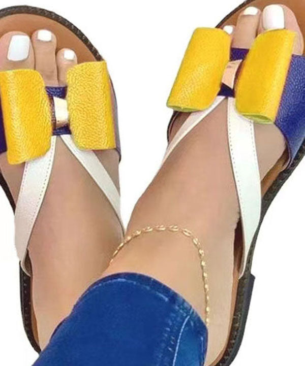 Yellow Peep Toe Faux Leather Vintage Splicing Bow Slide Sandals