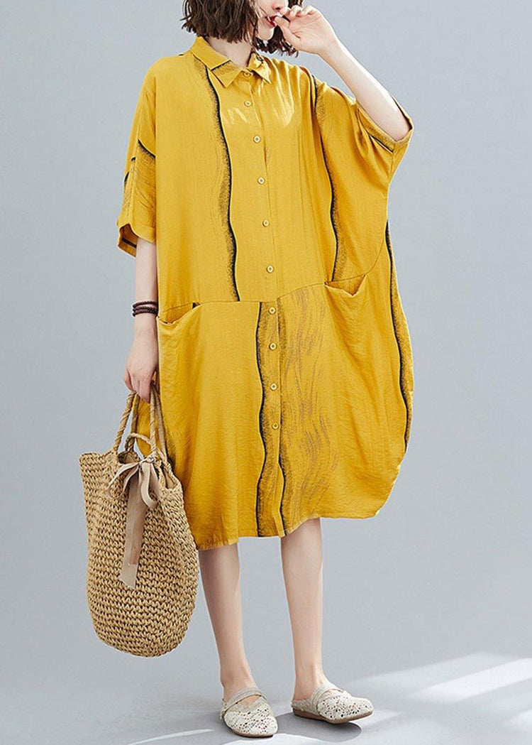 Yellow Peter Pan Collar Button Summer Party Dresses Half Sleeve - Omychic