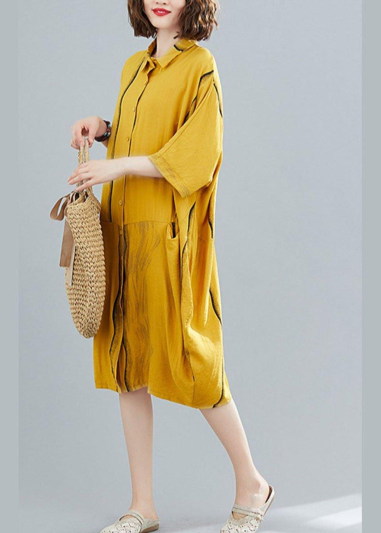 Yellow Peter Pan Collar Button Summer Party Dresses Half Sleeve - Omychic