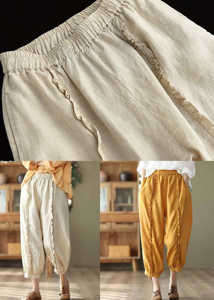 Yellow Pockets Elastic Waist Linen Crop Pants Ruffled Summer