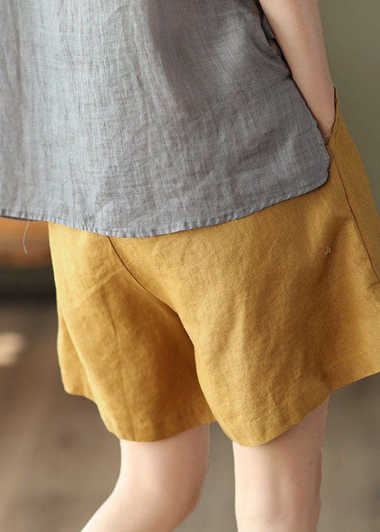 Yellow Pockets Elastic Waist Linen Shorts Summer