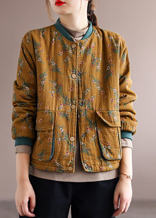 Yellow Pockets Print Patchwork Fine Cotton Filled Jacket Winter