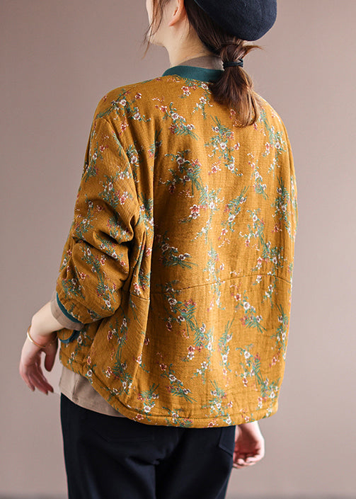 Yellow Pockets Print Patchwork Fine Cotton Filled Jacket Winter