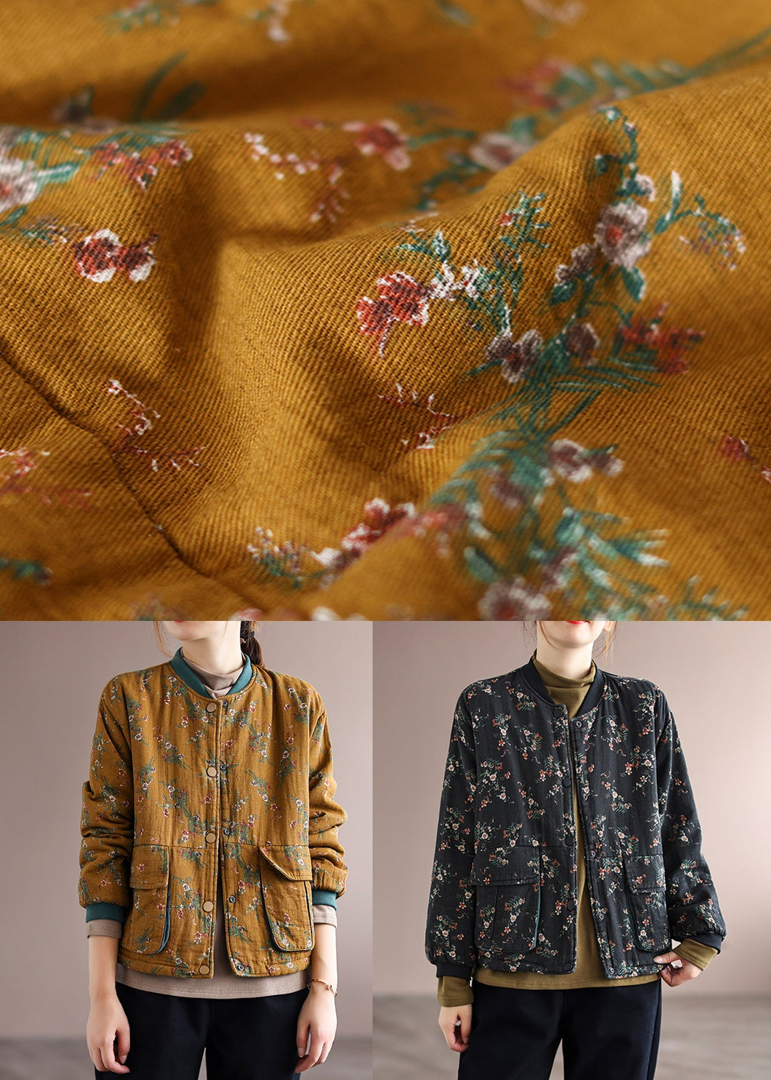 Yellow Pockets Print Patchwork Fine Cotton Filled Jacket Winter