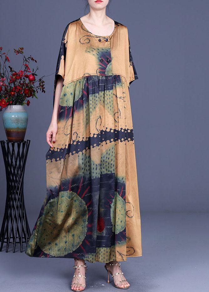 Yellow Print Cinched Summer Silk Party Dresses - Omychic