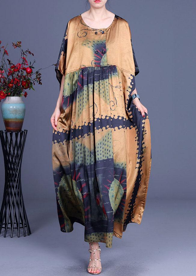 Yellow Print Cinched Summer Silk Party Dresses - Omychic