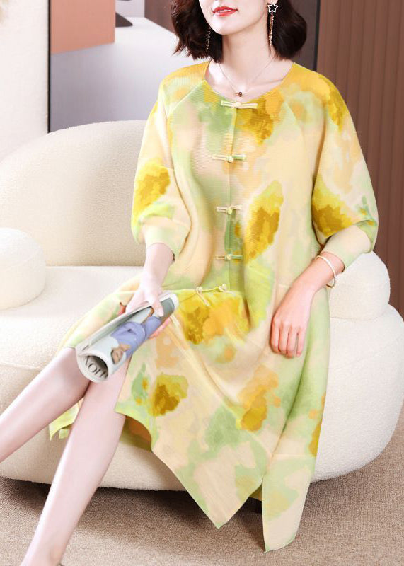 Yellow Print Long Dresses Chinese Button Side Open Summer