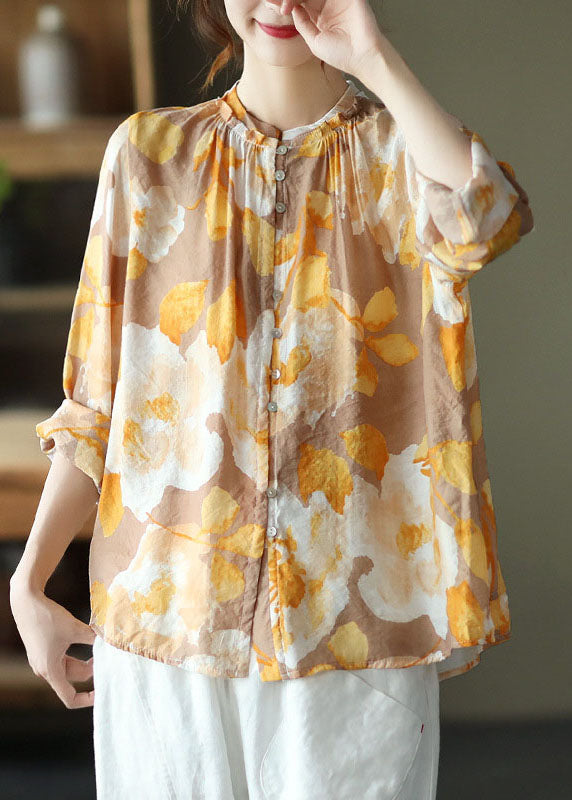 Yellow Print Patchwork Cotton Shirt Tops Wrinkled Long Sleeve