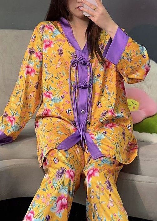Yellow Print Patchwork Ice Silk Pajamas Two Pieces Set Button Long Sleeve