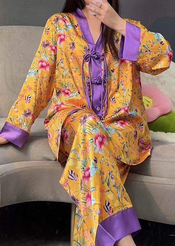 Yellow Print Patchwork Ice Silk Pajamas Two Pieces Set Button Long Sleeve