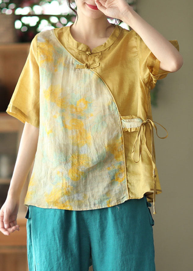 Yellow Print Patchwork Linen Shirt Chinese Button Lace Up Summer