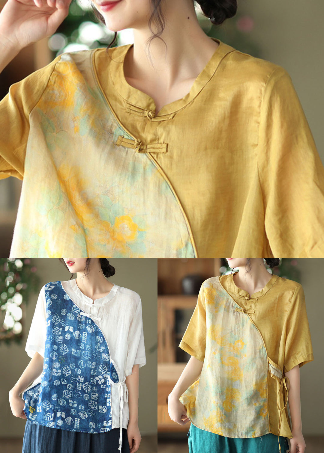 Yellow Print Patchwork Linen Shirt Chinese Button Lace Up Summer