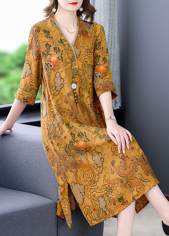 Yellow Print Patchwork Silk Mid Dresses Tasseled V Neck Summer