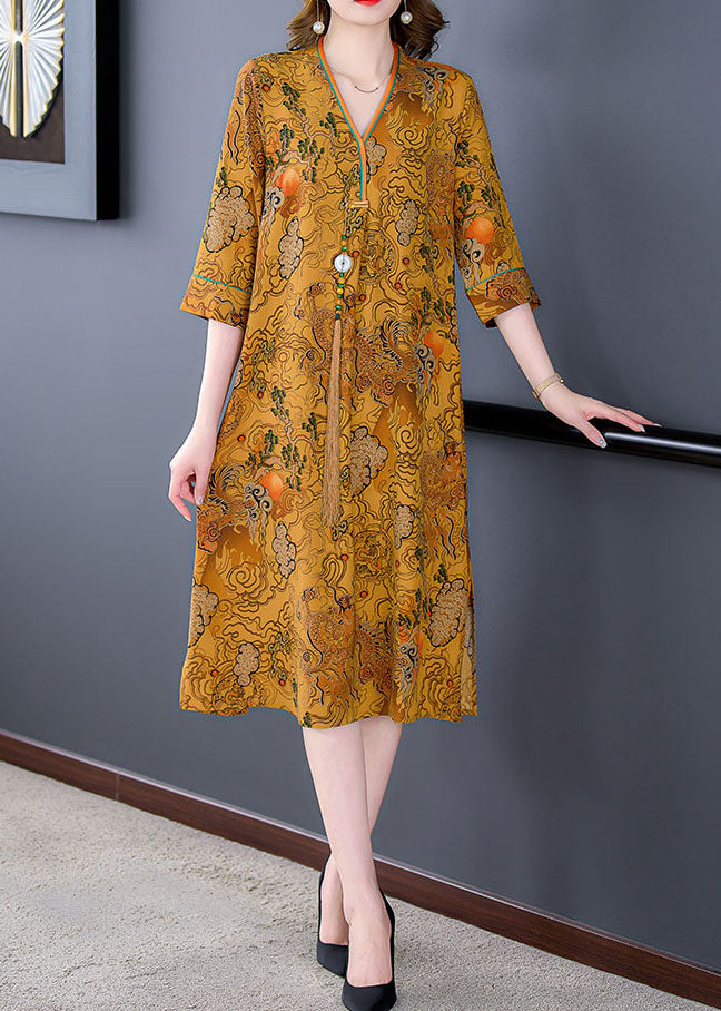 Yellow Print Patchwork Silk Mid Dresses Tasseled V Neck Summer