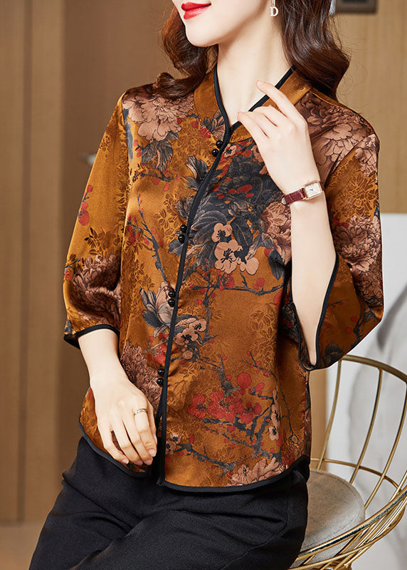 Yellow Print Silk Shirt Tops Stand Collar Button Half Sleeve