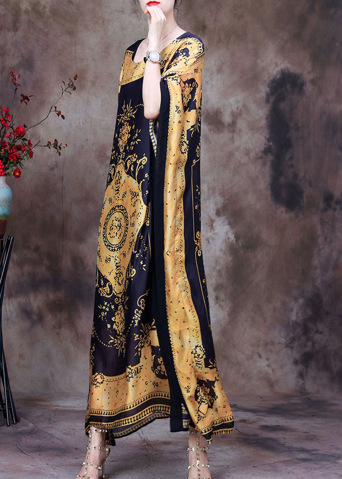 Yellow Print Silk Loose Long Dresses Gown Asymmetrical Design Batwing Sleeve
