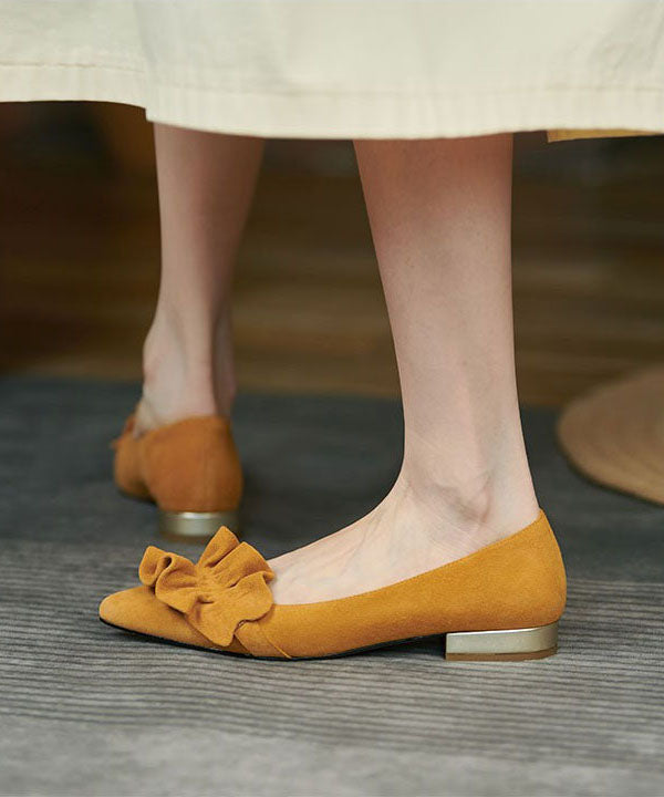 Yellow Ruffled Splicing Pointed Toe Sheepskin Flat Feet Shoes French