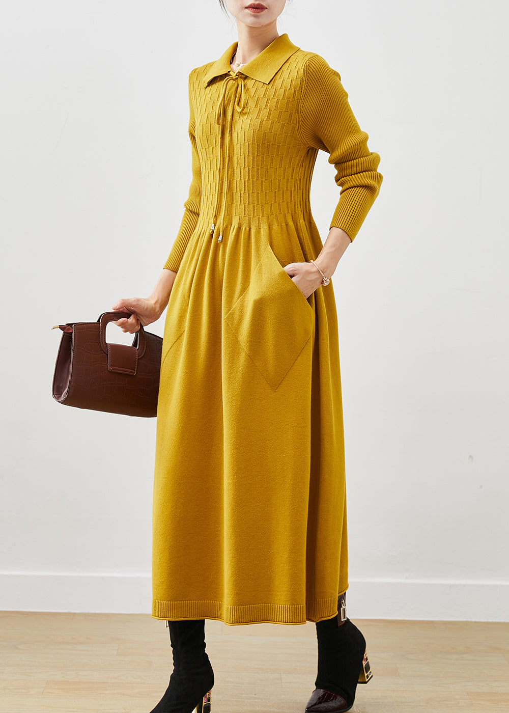 Yellow Silm Fit Knit Vacation Dresses Exra Large Hem Spring