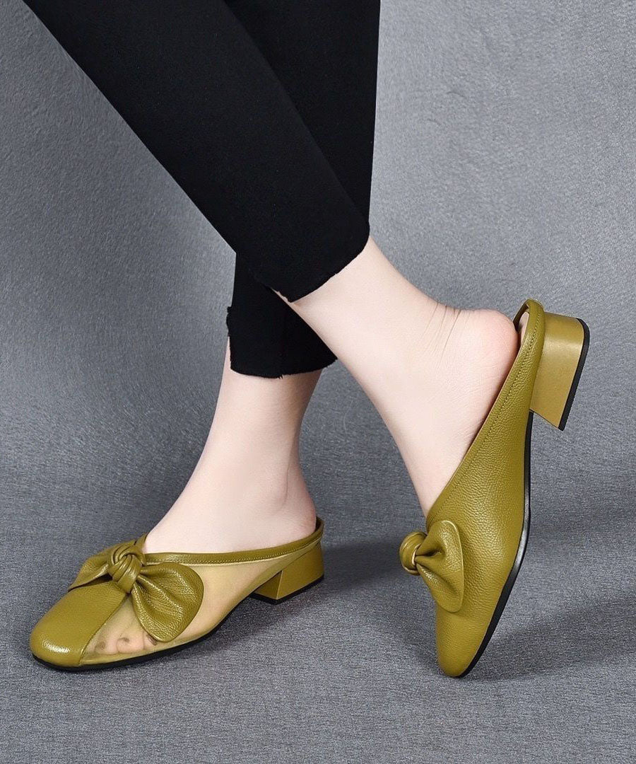Yellow Slide Sandals Chunky Faux Leather Fashion Tulle Splicing Bow