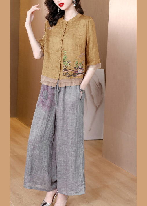 Yellow V Neck Embroideried Linen Top And Pants Two Pieces Set Short Sleeve