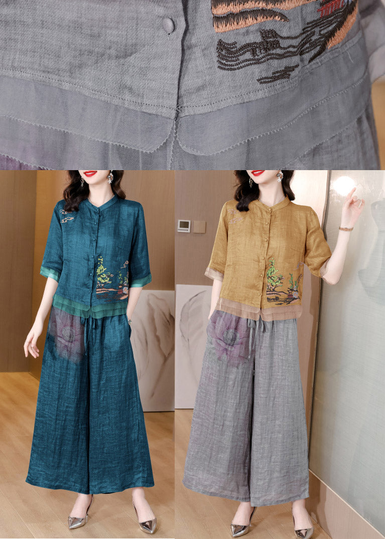 Yellow V Neck Embroideried Linen Top And Pants Two Pieces Set Short Sleeve