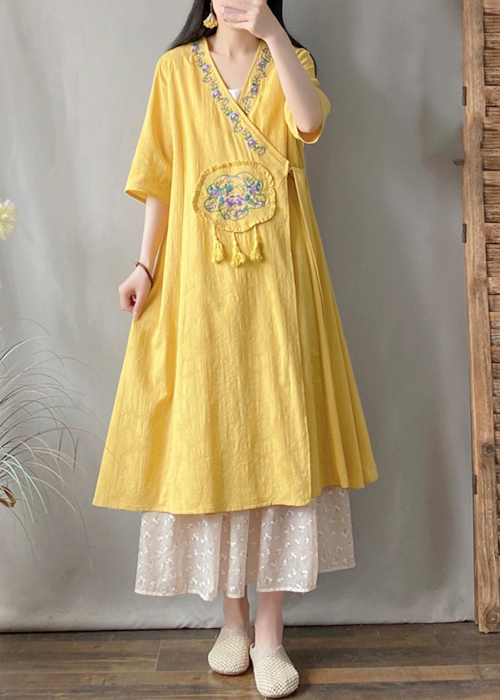 Yellow V Neck Tie Waist Maxi Cardigan Short Sleeve