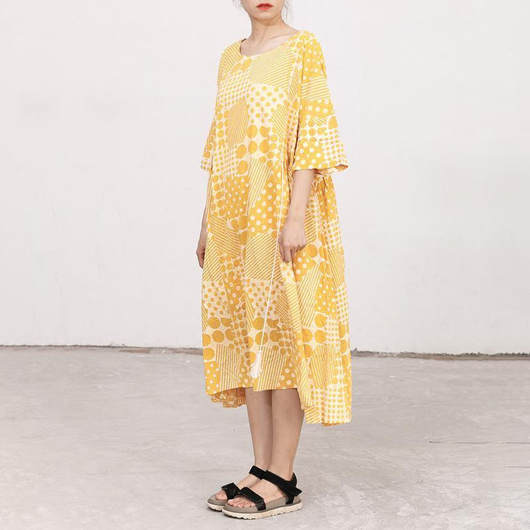 Yellow Cotton Short Sleeves Summer Casual Pleated Dress - Omychic