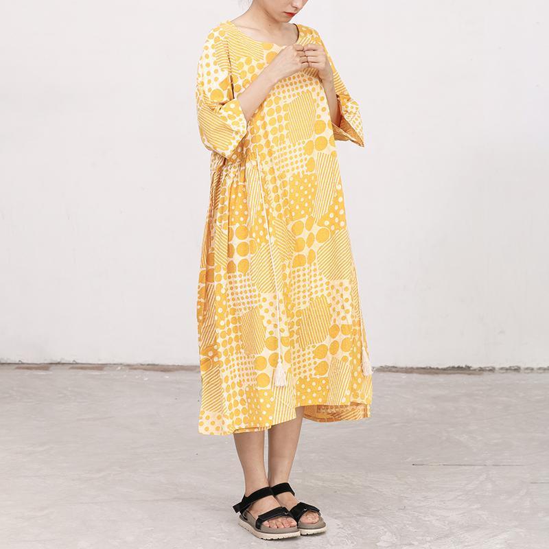 Yellow Cotton Short Sleeves Summer Casual Pleated Dress - Omychic