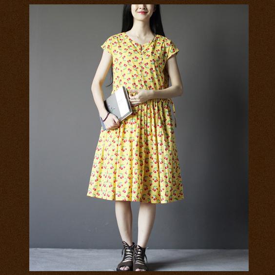 Yellow cherry print cotton sundress plus size summer dresses short sleeve - Omychic