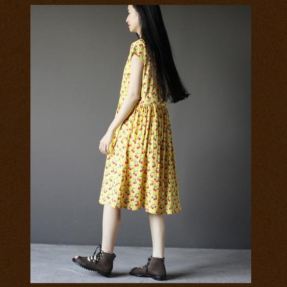 Yellow cherry print cotton sundress plus size summer dresses short sleeve - Omychic