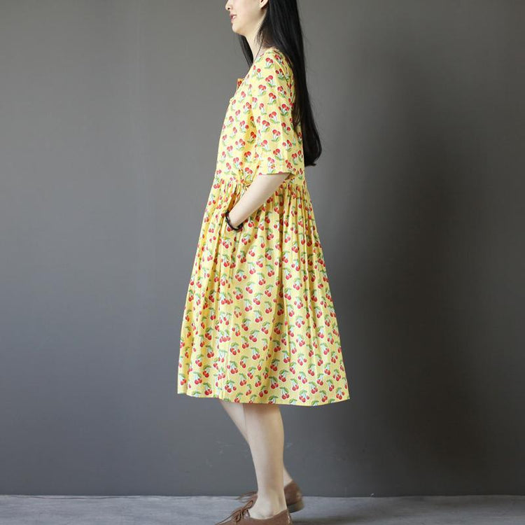 Yellow cotton sundresses oversize fit flare summer dress half sleeve - Omychic