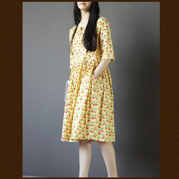 Yellow cotton sundresses oversize fit flare summer dress half sleeve - Omychic