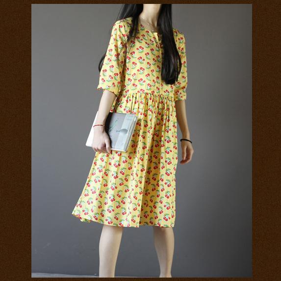 Yellow cotton sundresses oversize fit flare summer dress half sleeve - Omychic