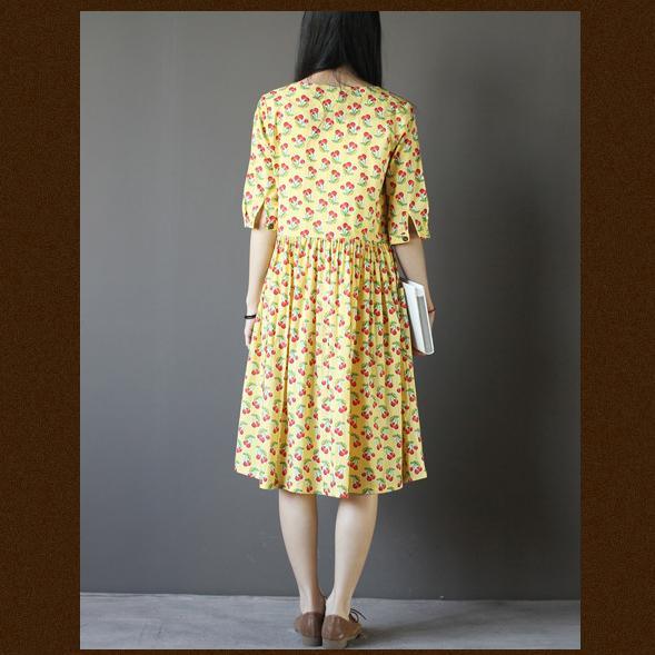 Yellow cotton sundresses oversize fit flare summer dress half sleeve - Omychic