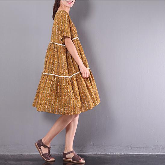 Yellow floral casual linen dresses oversize stylish traveling dress o neck sundress - Omychic