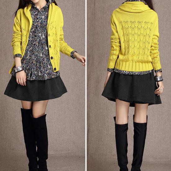 Yellow hooded knitted cardigan coat - Omychic