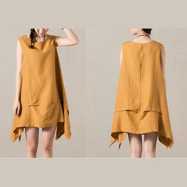 Yellow layered linen dress sleeveless cotton sundress - Omychic